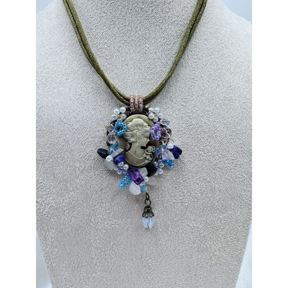 Vintage Style Cameo Pendant Statement Necklace OliveCord Boho Victorian Inspired - Picture 2 of 5